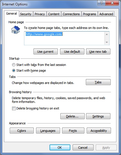 Internet Options dialog